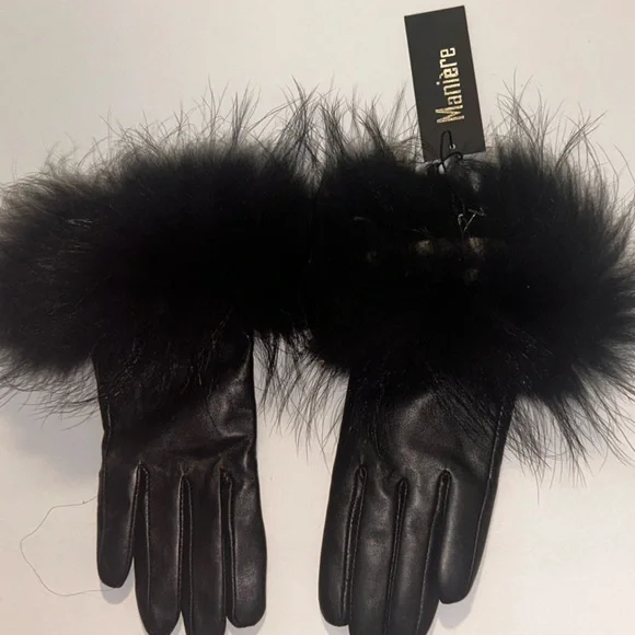 Maniere Black Leather and Rabbit Fur Trimmed Gloves - Picture 1 of 1